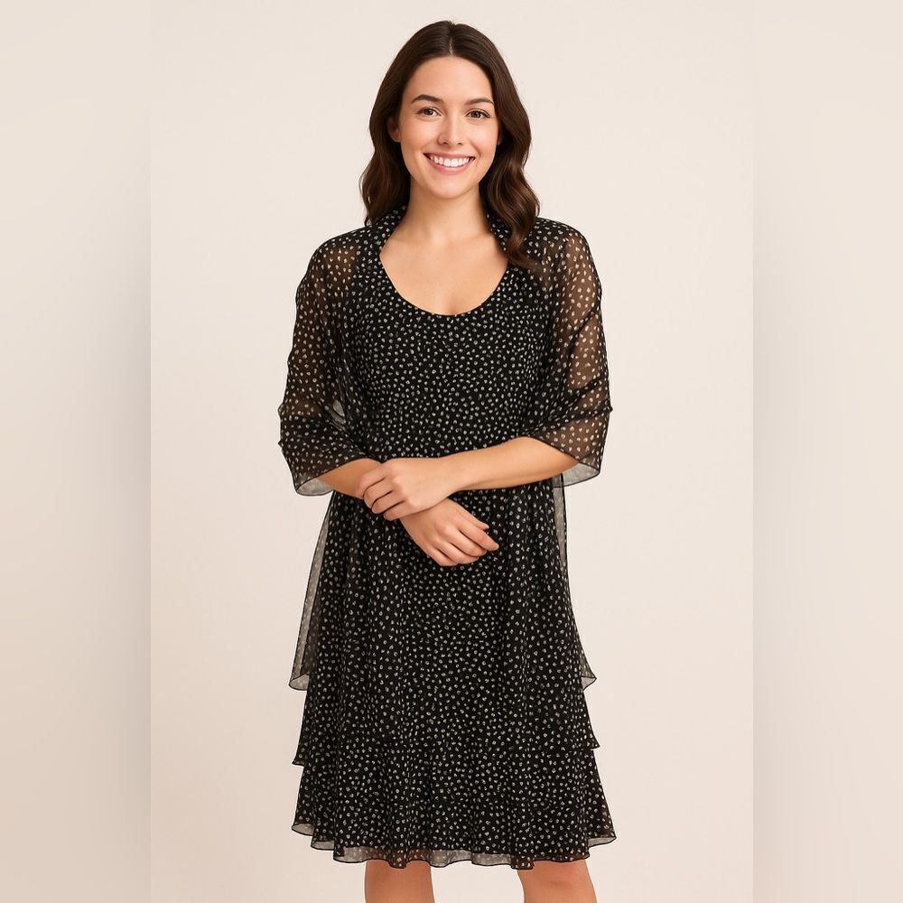 Kay Unger Silk Polka Dot Dress & Shawl